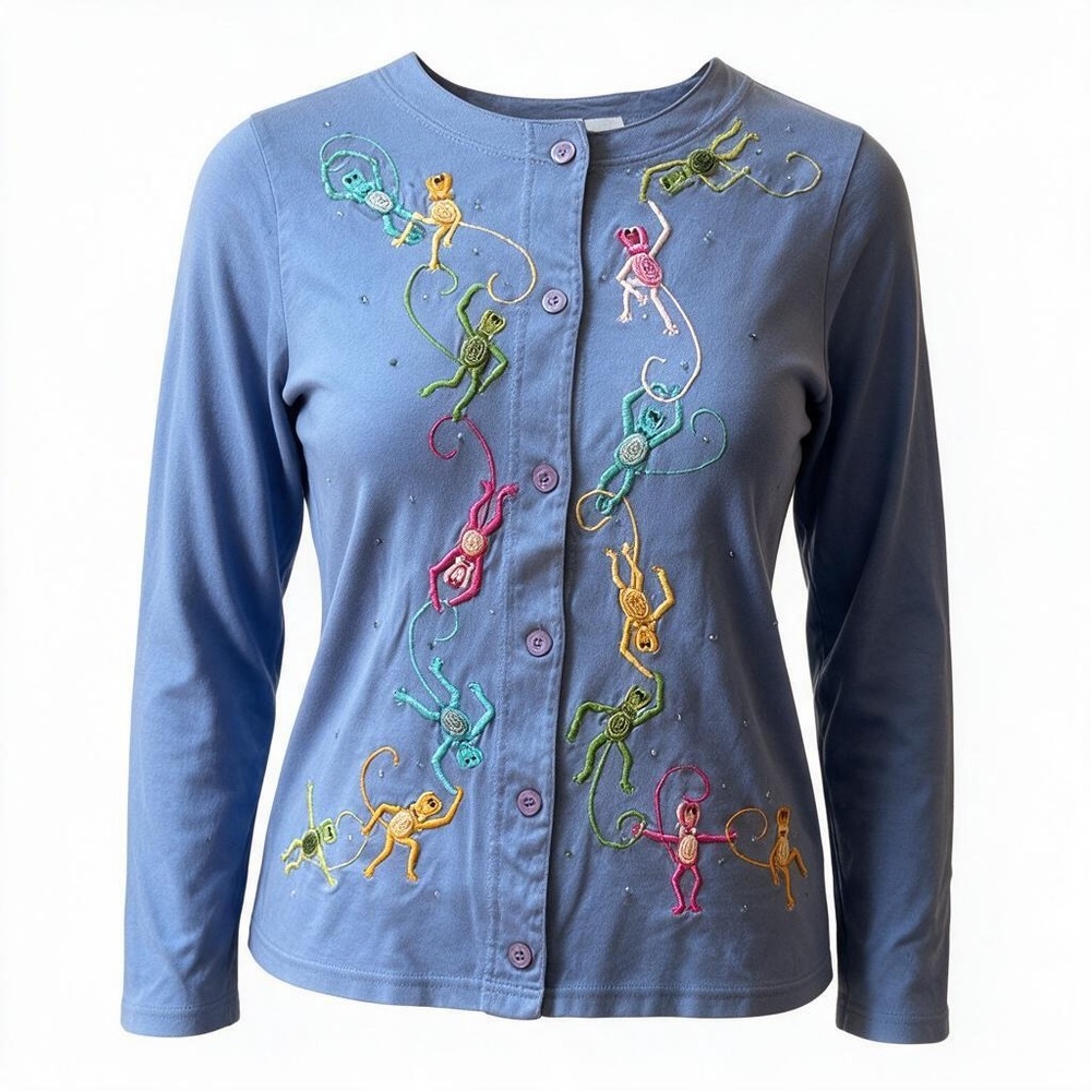 VTG Michael Simon Monkey Cardigan Blue Beaded Embroidered Kitsch Art to Wear L